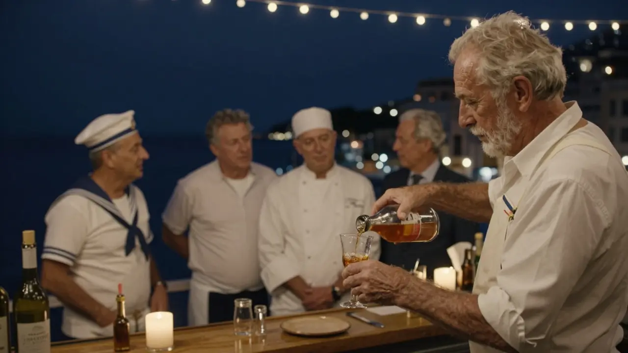 A humble harbor bar at night, where a bartender serves pastis to regulars in quiet conversation under soft string lights.