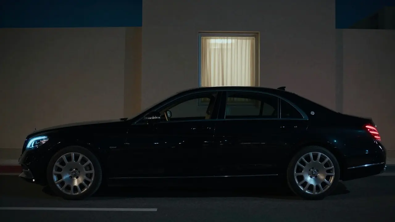 A luxury car parked outside a discreet Dubai apartment at night, single lit window, agency card on seat.
