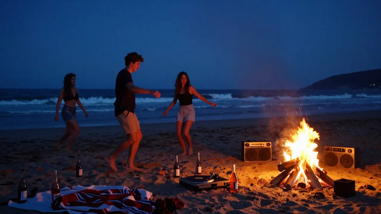 A midnight bonfire on a deserted beach with people dancing barefoot, vinyl records playing in the background.