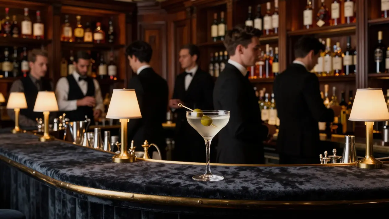 A perfectly stirred Connaught Martini in a coupe glass beside a single olive, in a luxurious velvet bar.
