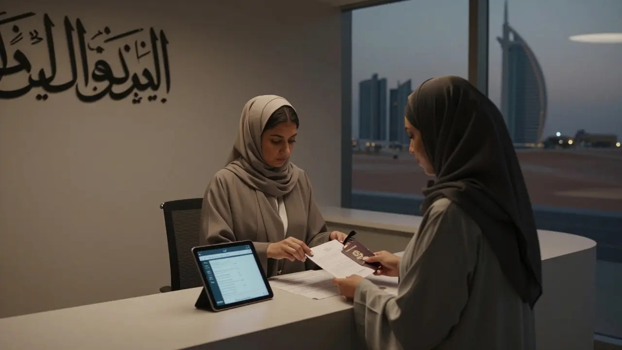 A professional agency representative verifying a client&#039;s documents in a minimalist office.