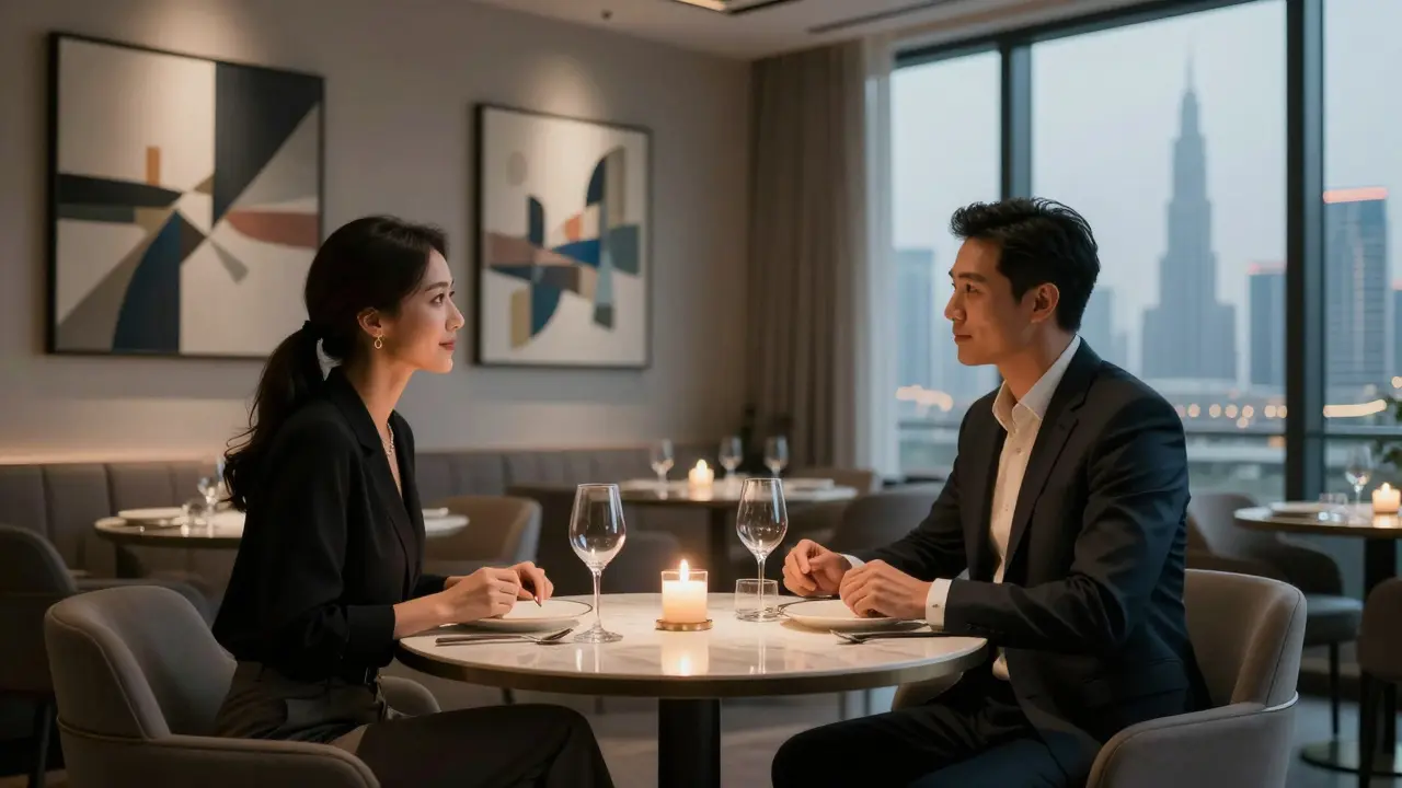 A professional couple sharing a refined dinner in a luxury Dubai hotel room, candlelight and skyline visible.