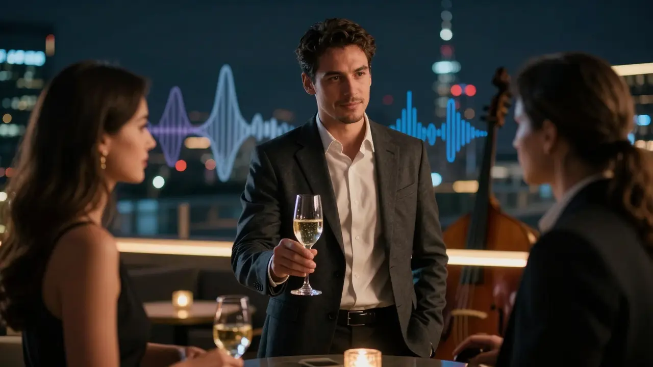 A professional male companion offers wine to a guest on a stylish Milan rooftop at night.