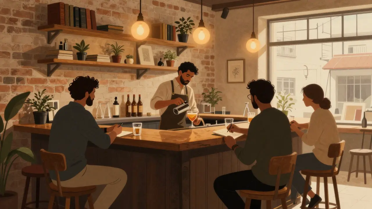 A quiet, book-lined bar with wooden furnishings where two people converse over drinks in warm lighting.