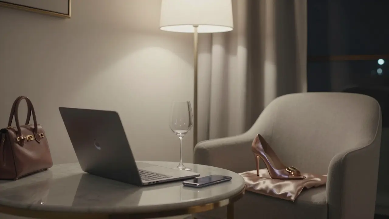 A quiet luxury apartment interior with subtle signs of a recent evening engagement.