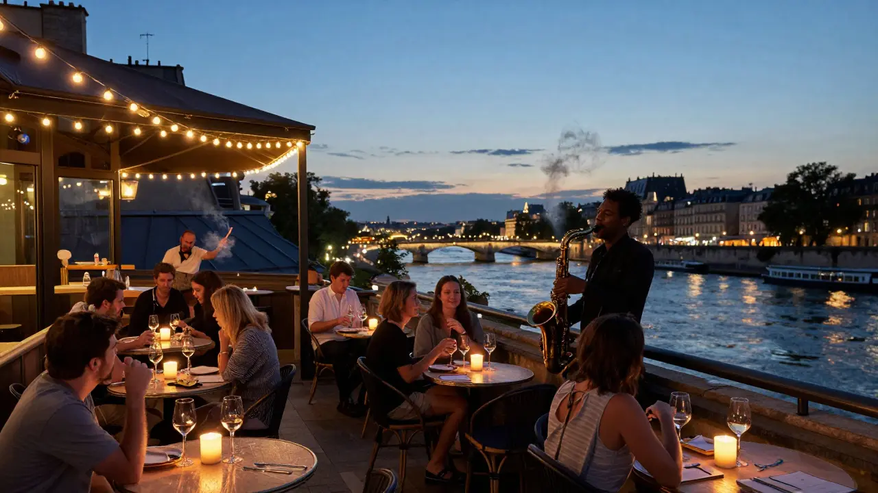 A quiet rooftop bar at night with string lights, a saxophonist playing, and the Seine glowing below.