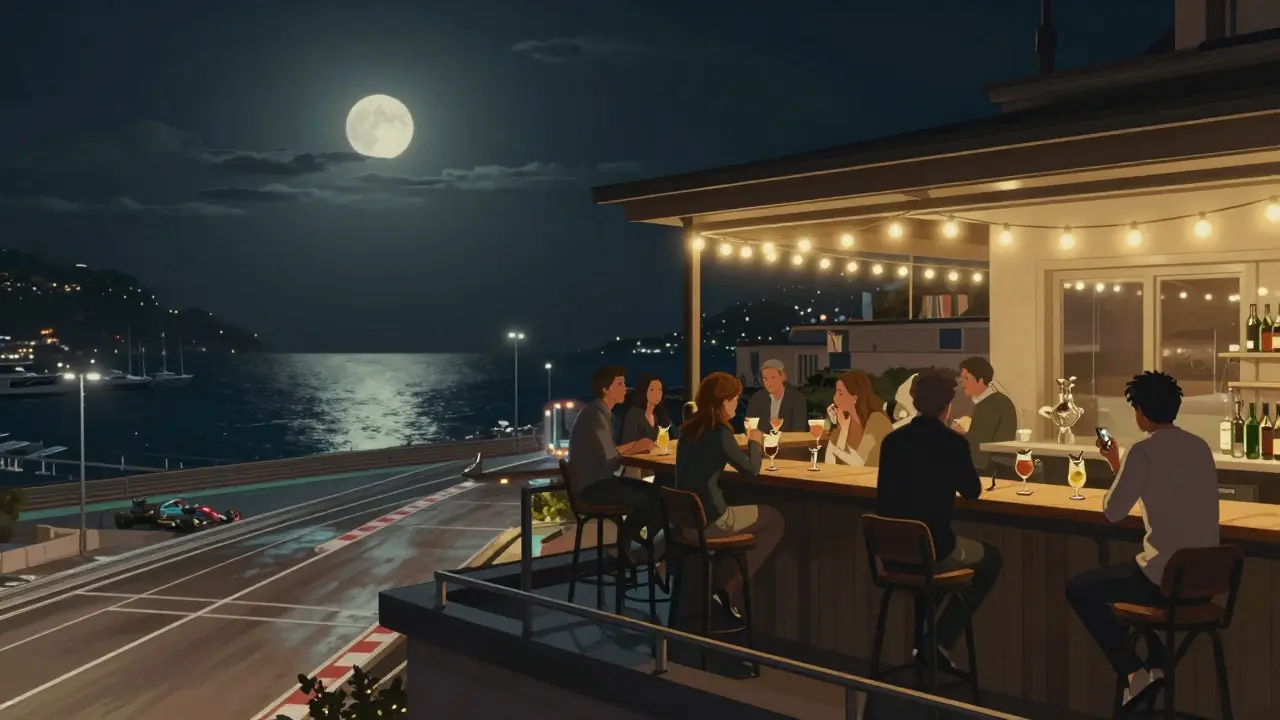 A quiet rooftop bar overlooking Monaco’s empty Formula 1 track at night, guests sipping cocktails under soft lights.