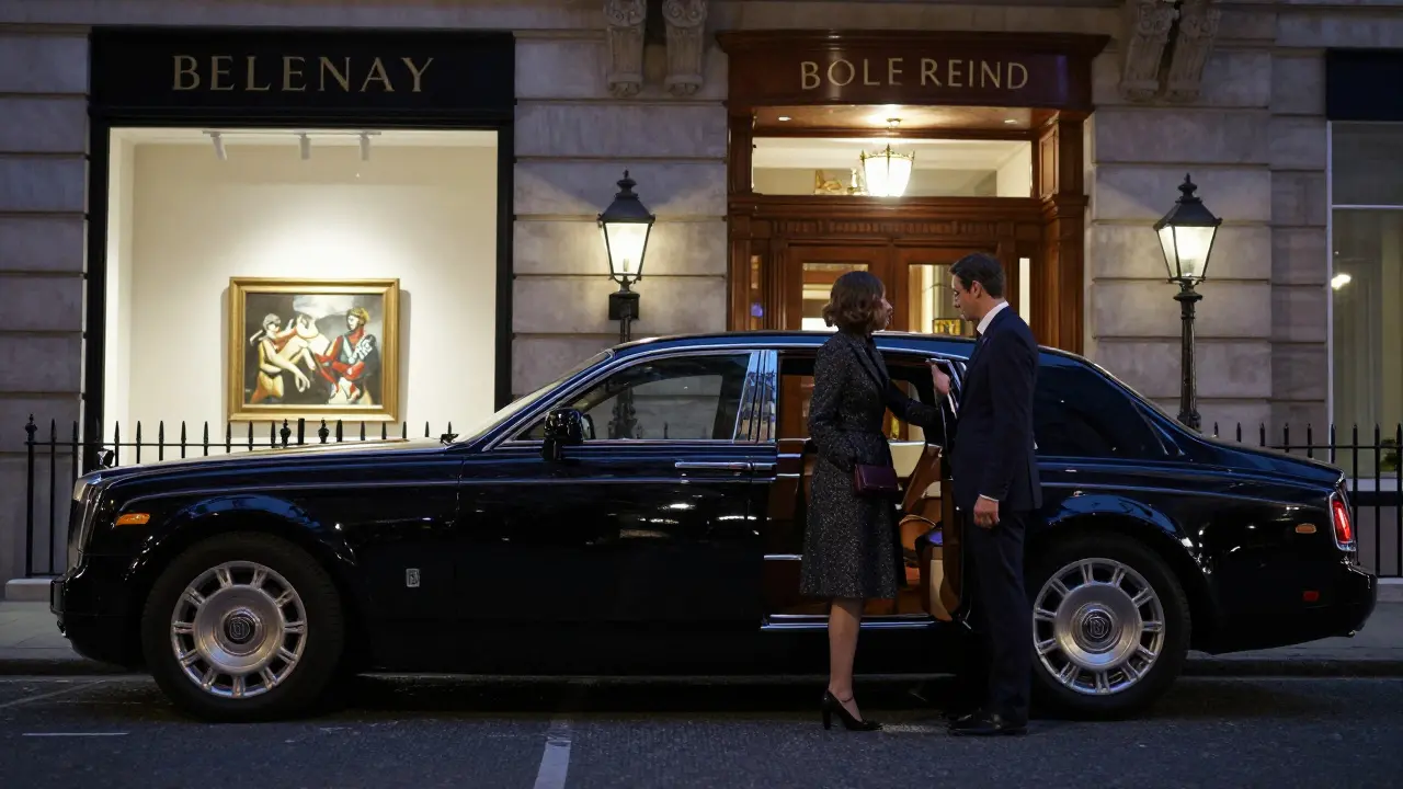 A Rolls-Royce Phantom waits outside an art gallery at night, a woman stepping out in elegant attire.