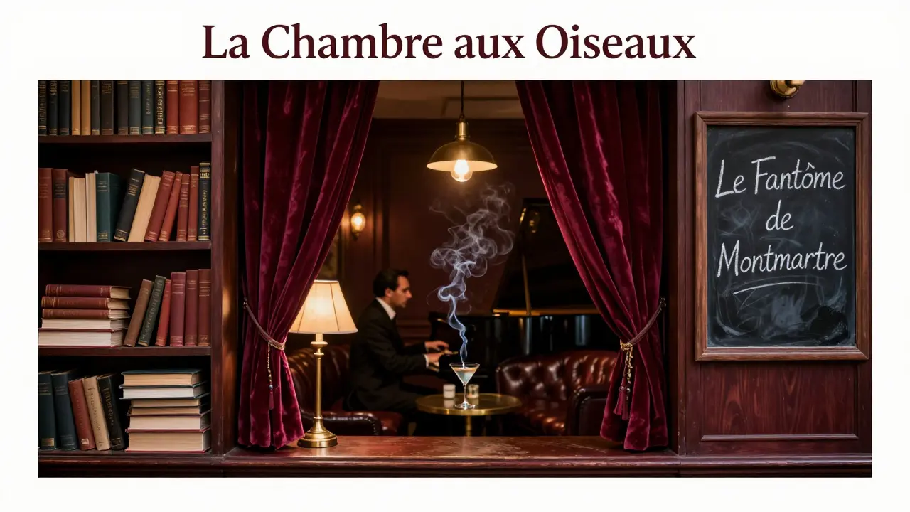 A secret speakeasy behind a bookstore, with a pianist playing jazz in a dim, velvet-lined room filled with quiet listeners.