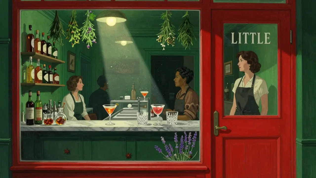 A secret speakeasy behind a butcher shop, with herbs drying overhead and patrons sipping artisanal cocktails.