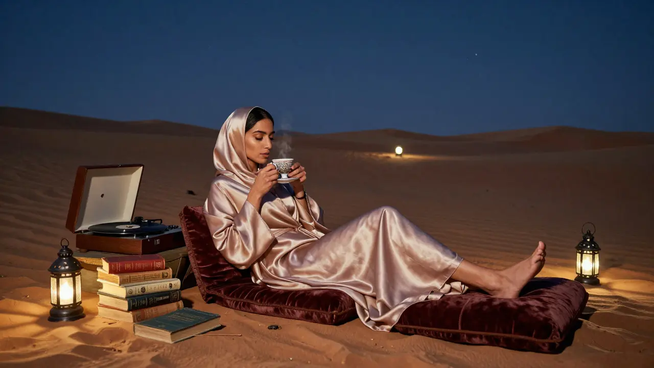 A serene desert camp under stars, with a woman in silk abaya sipping coffee beside a client amid vintage decor.