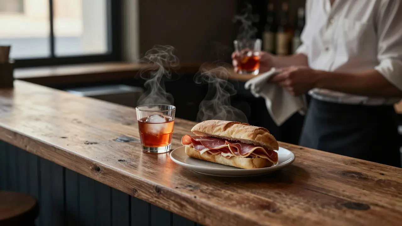 A simple panino and Negroni Sbagliato at Bar Basso at dawn, steam rising in quiet morning light.