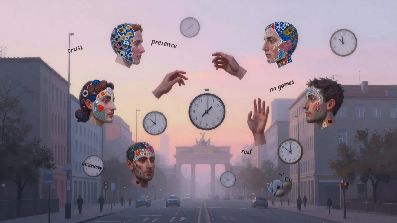 A symbolic mosaic of human connection floats over Berlin, representing honesty and autonomy.