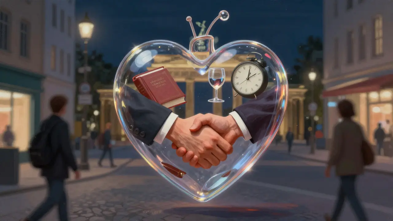 A transparent glass heart hovers over a Berlin street, containing symbols of connection: a handshake, book, wine glass, and clock.