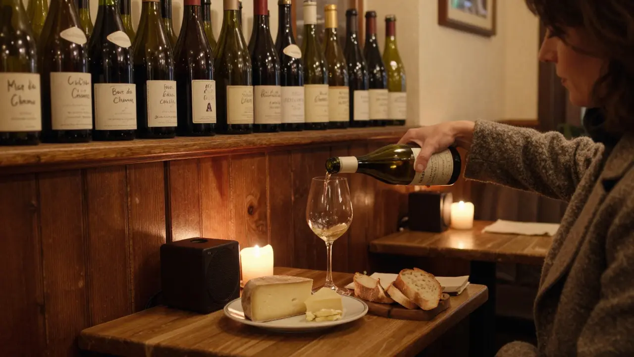 A warm neighborhood wine bar where a woman pours unlabeled wine, candles flicker, and cheese rests on a wooden table.