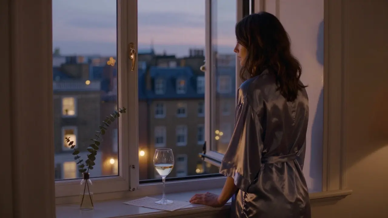 A woman stands by a window in a quiet flat at dusk, city lights below, wine glass and note on sill.