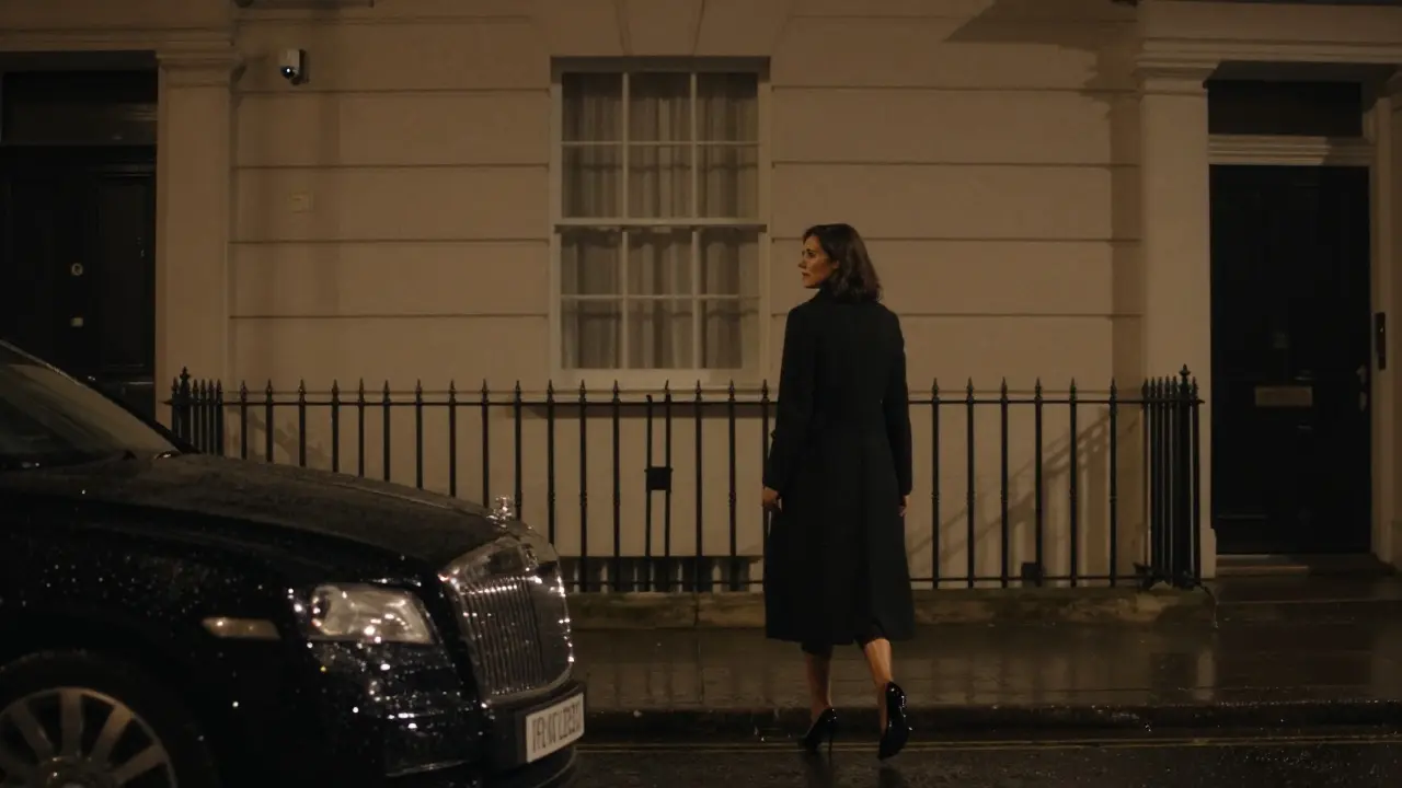A woman walking away from a luxury car in the rain, glancing at a quiet, unmarked townhouse.