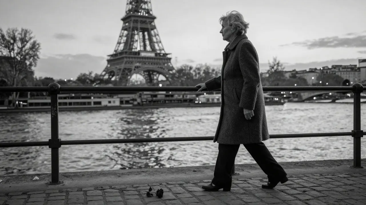 A woman walks alone by the Seine at twilight, a single red rose lying on the cobblestones nearby.
