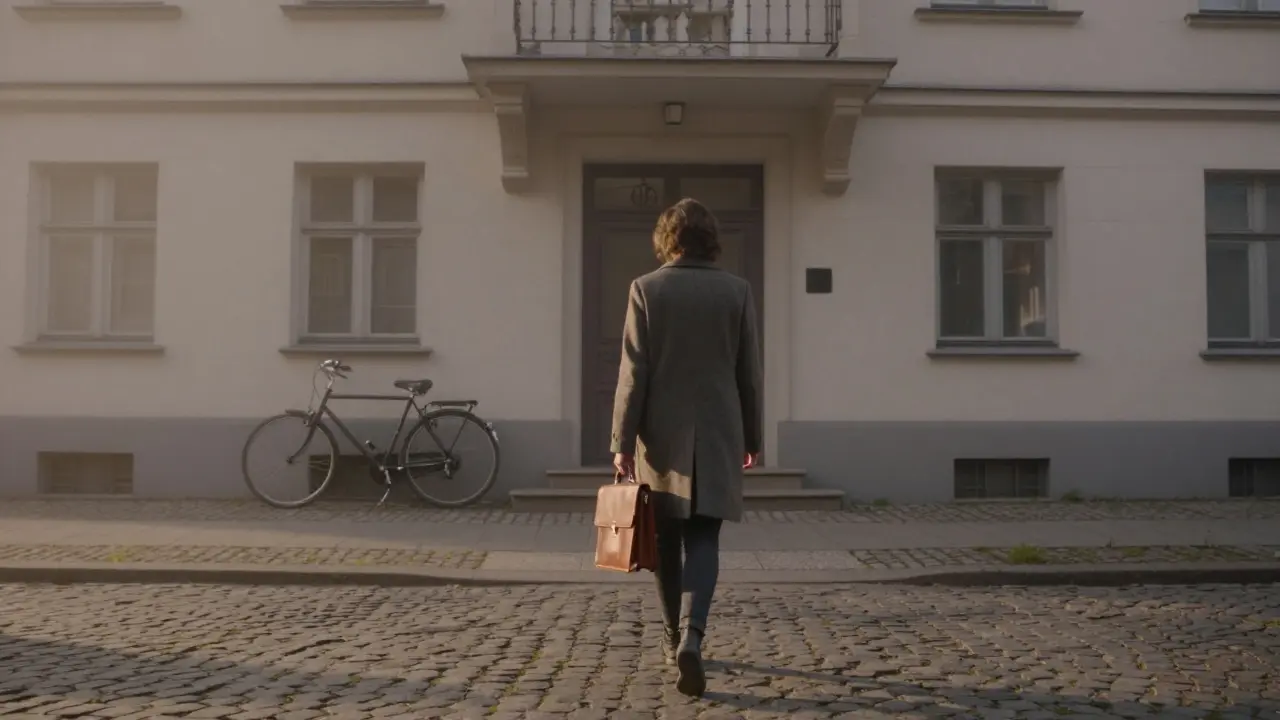 A woman walks away from an unmarked Berlin building at dawn, briefcase in hand, misty street and bicycle nearby.