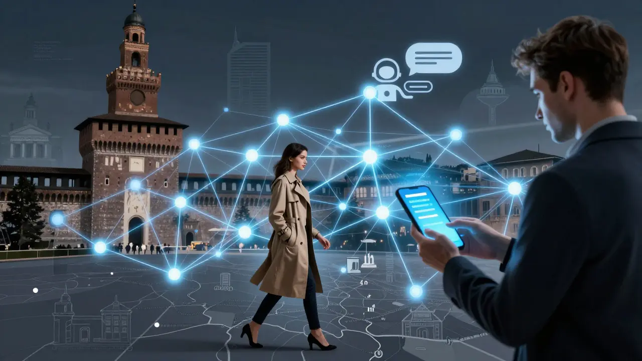 An abstract digital map of Milan showing encrypted connections between escorts, clients, and safety tools.