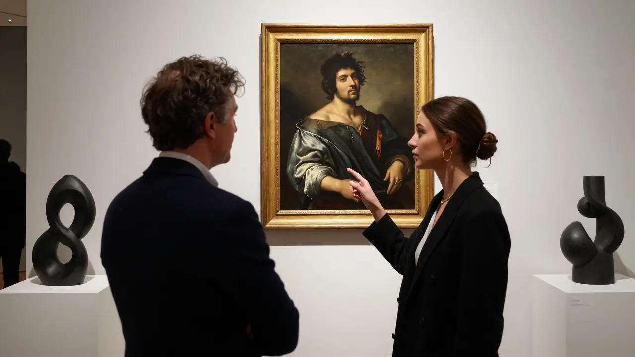 An art enthusiast points to a Renaissance painting in a private gallery, engaged in thoughtful conversation.