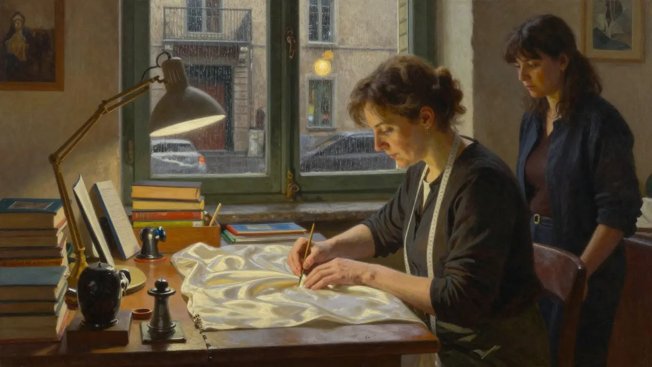 An artisan tailor works in a quiet Brera atelier, a visitor watching in awe as silk fabric is hand-stitched under warm lamplight.