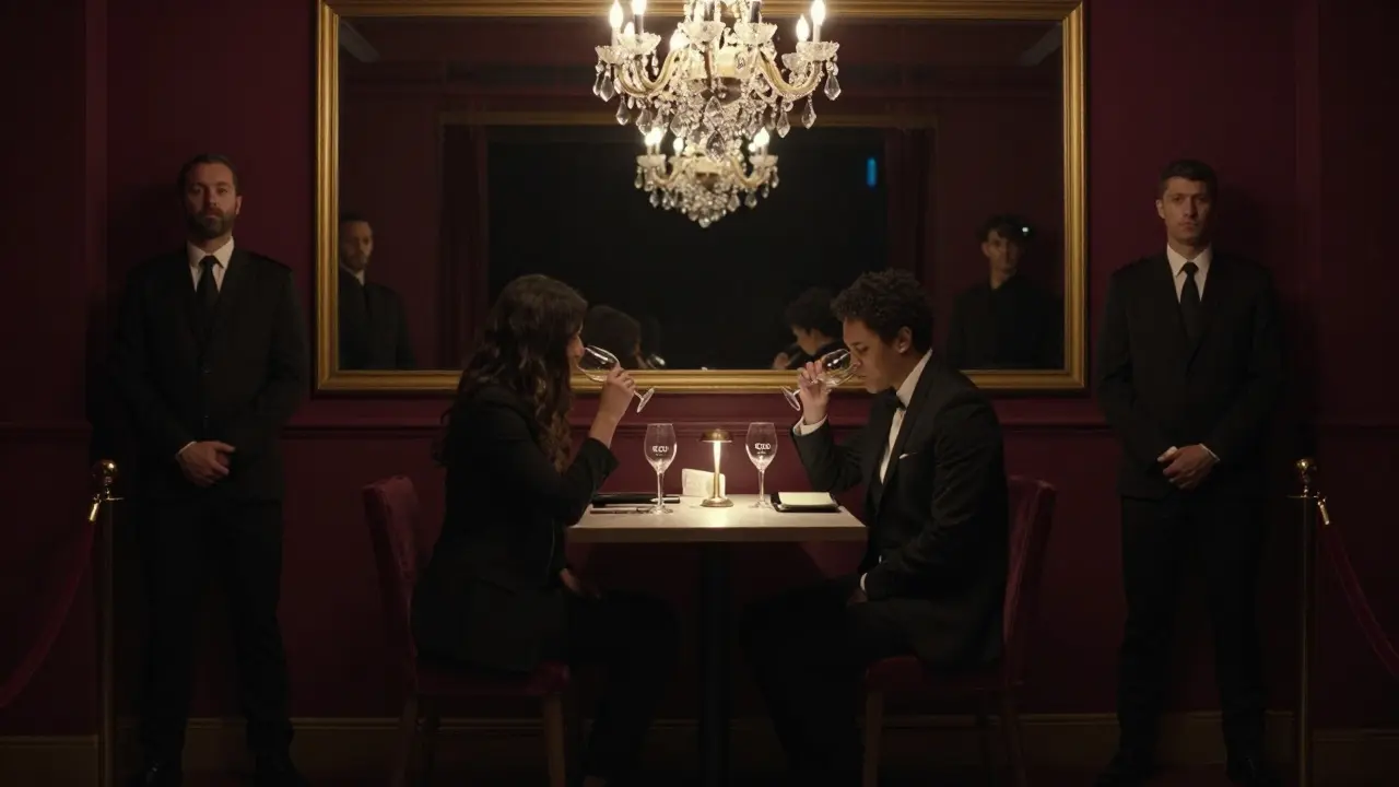 An exclusive table at Le Blue nightclub glows under crystal chandeliers, with shadowed security and empty space surrounding silent guests.