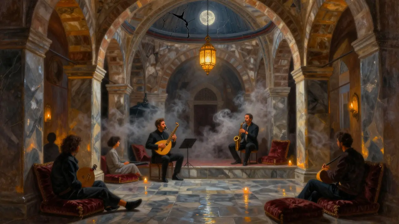 An Ottoman bathhouse turned jazz lounge with musicians playing under a single hanging lamp.