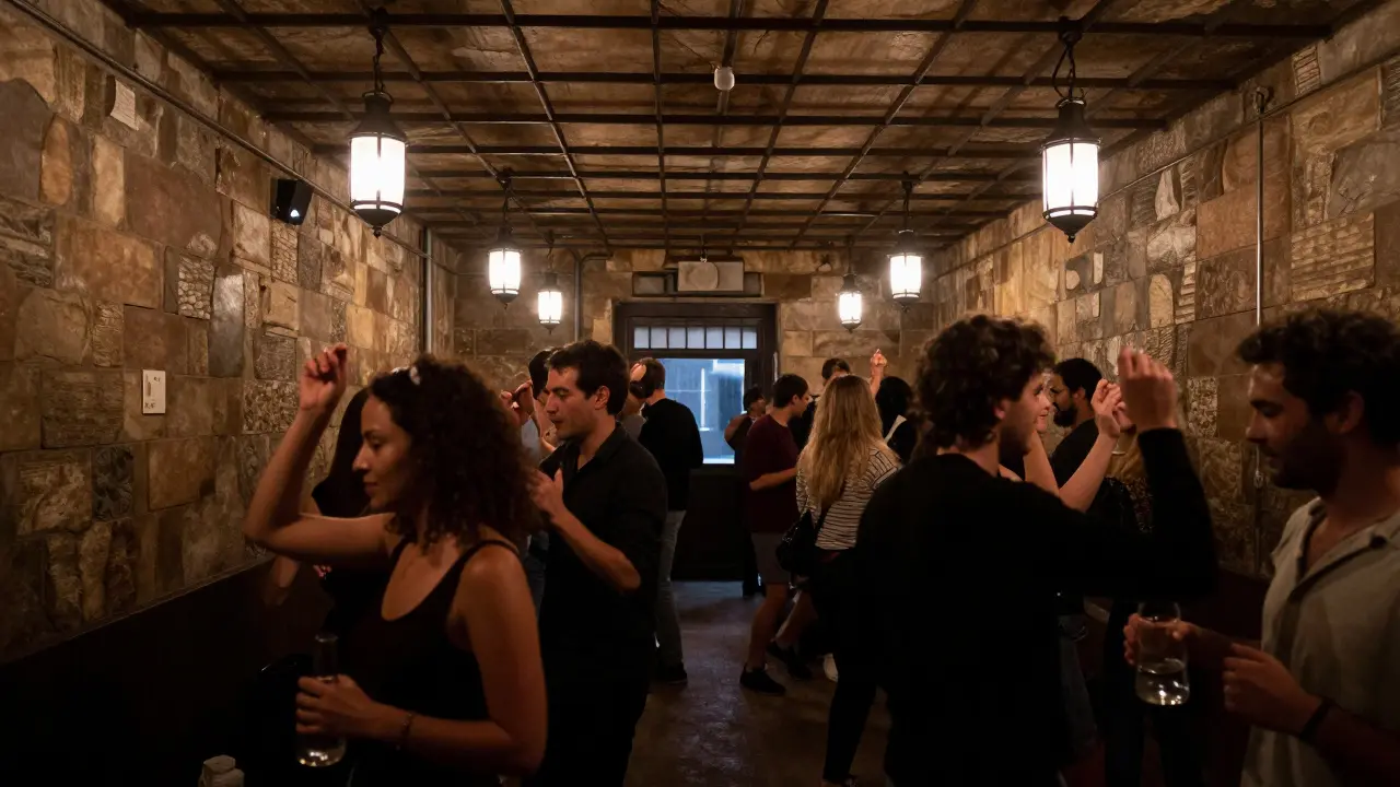An underground nightclub in a former morgue, with stone walls, hanging lanterns, and people dancing.