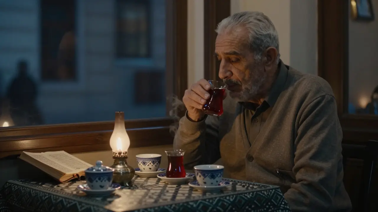 Asitane café at night with an elderly man sipping tea beside Ottoman poetry, soft lamplight and quiet atmosphere.