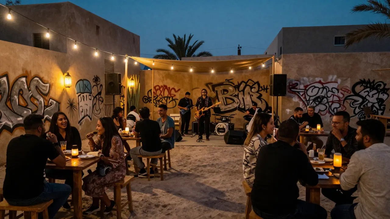 Authentic backyard party at Barasti with live music, string lights, and locals sharing shawarma at midnight.