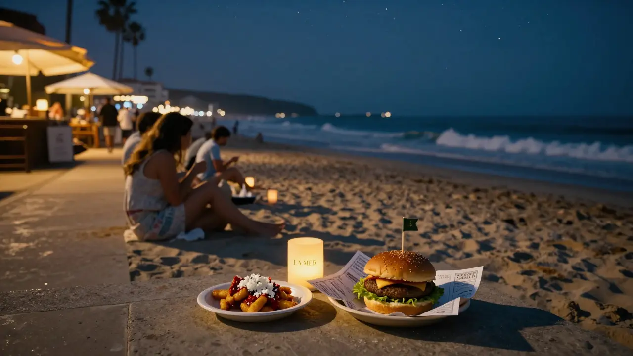 Barefoot diners eating Spicy Date ShackBurger and elote on La Mer beach under the stars.