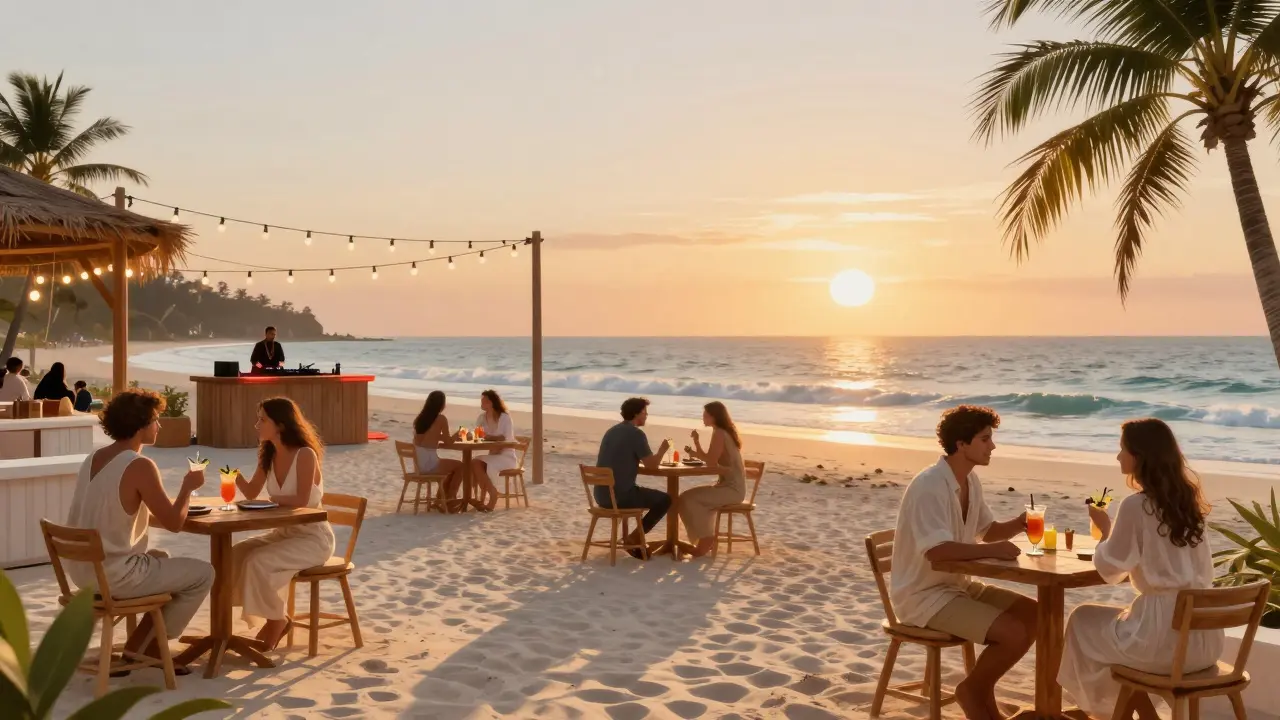 Beach club at sunset with guests sipping cocktails under string lights as the tide rolls in.