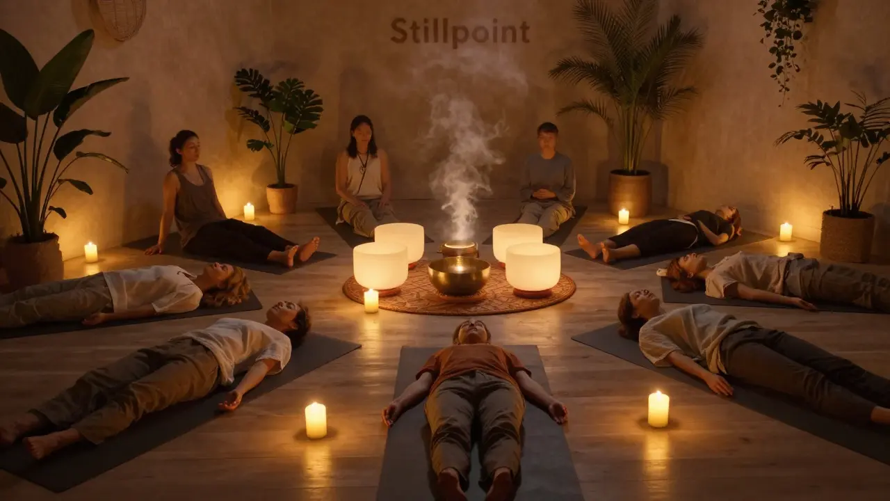 Calm meditation room with candles, yoga mats, and people in relaxed poses under soft golden light.