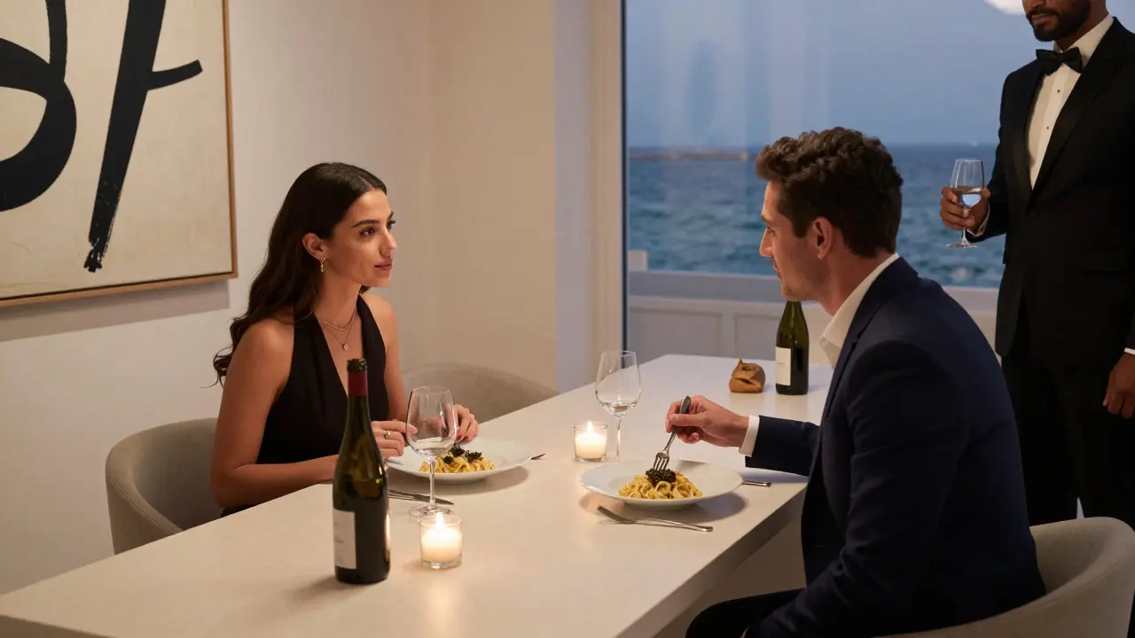 Candlelit dinner at Nobu Dubai with two people in quiet conversation over gourmet food and ocean views.