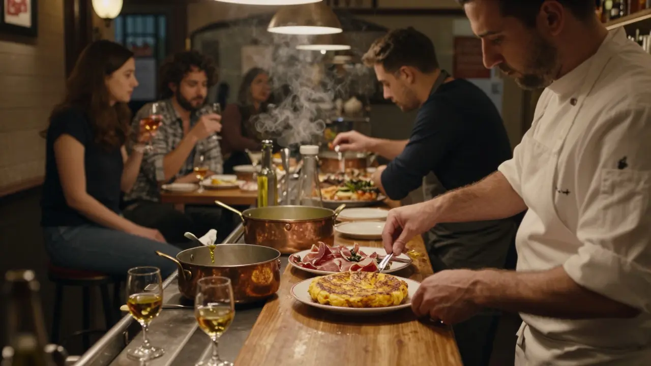 Chefs serving tapas at Barrafina in Soho with sherry glasses and wooden counters.