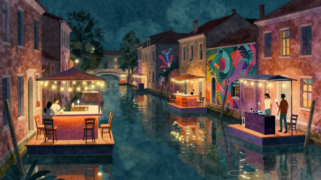 Colorful Navigli canals lit by floating bars and string lights, people walking with gelato at night.