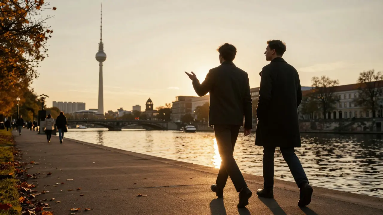 Couple walking along the Spree River at sunset, Berlin TV Tower in the distance.