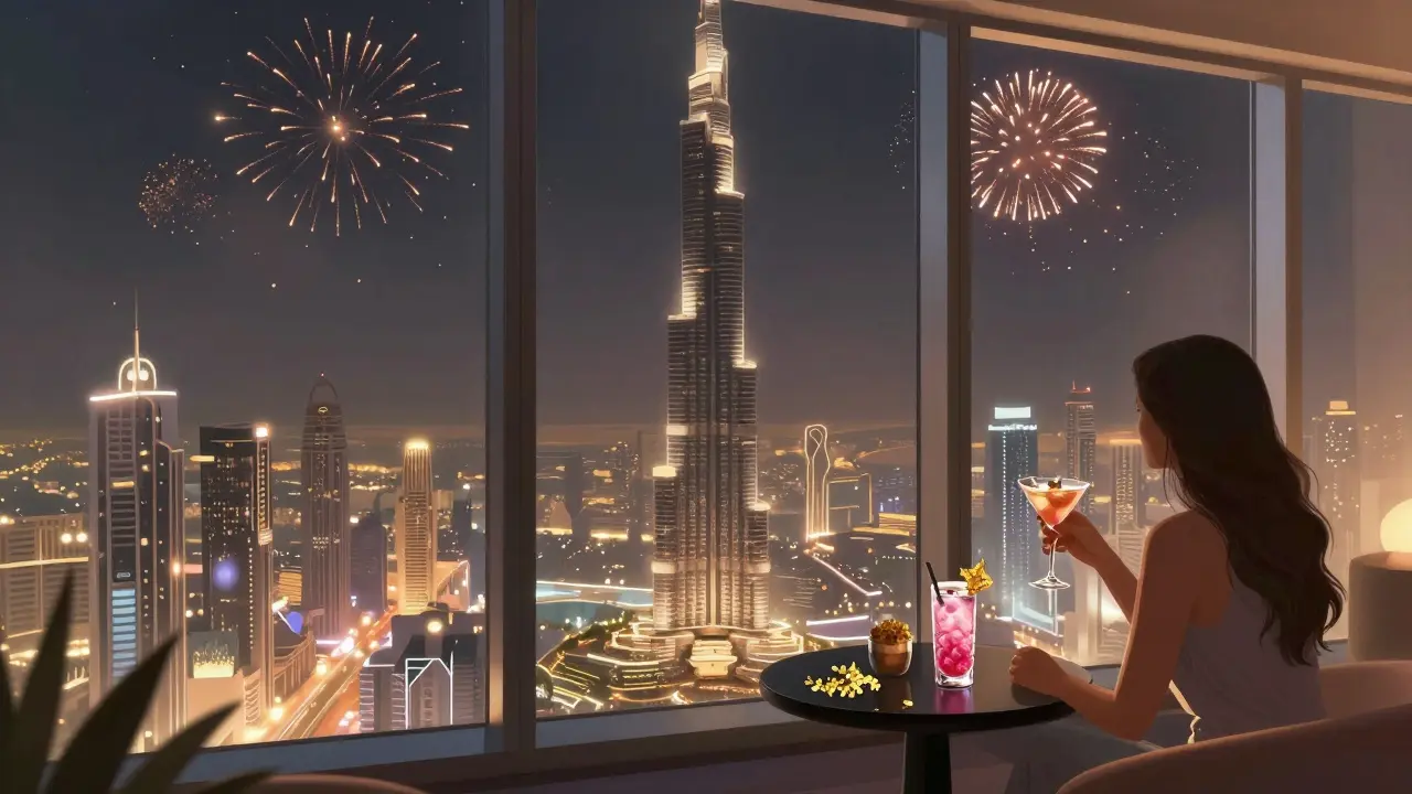 Couples enjoying cocktails at At.mosphere lounge with fireworks and glowing city lights below.