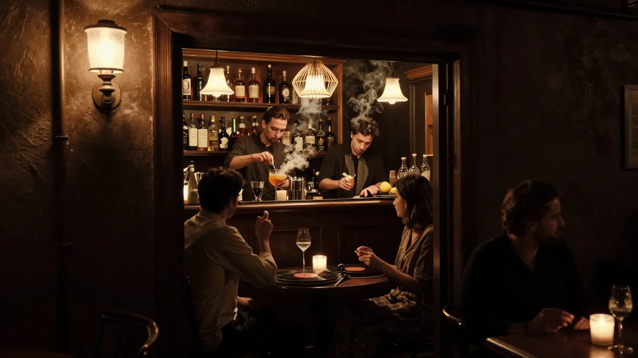 Cozy speakeasy bar behind a hidden fridge door, lit by vintage lamps with bartenders crafting drinks.