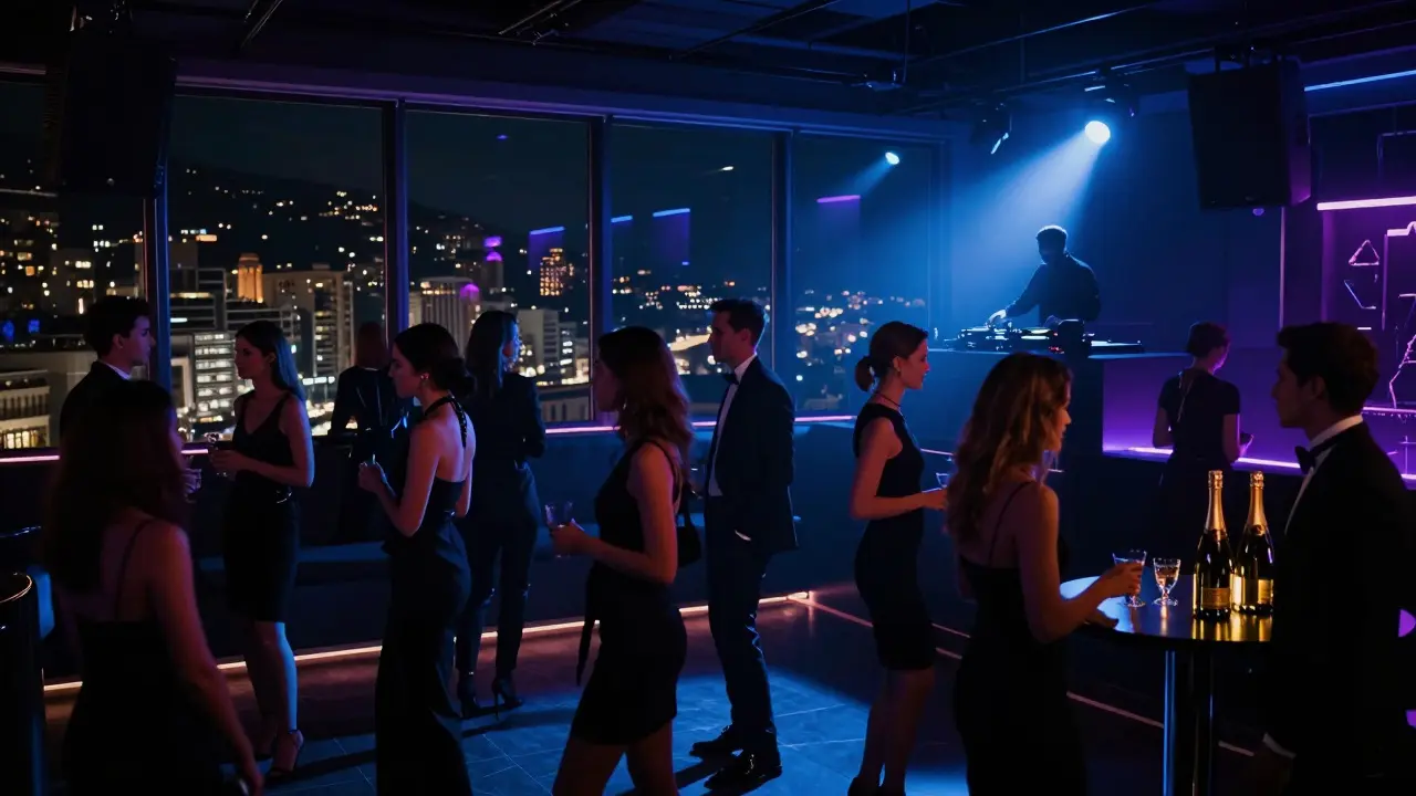 Crowd dancing at Le Blue nightclub under moody blue lights with skyline backdrop.