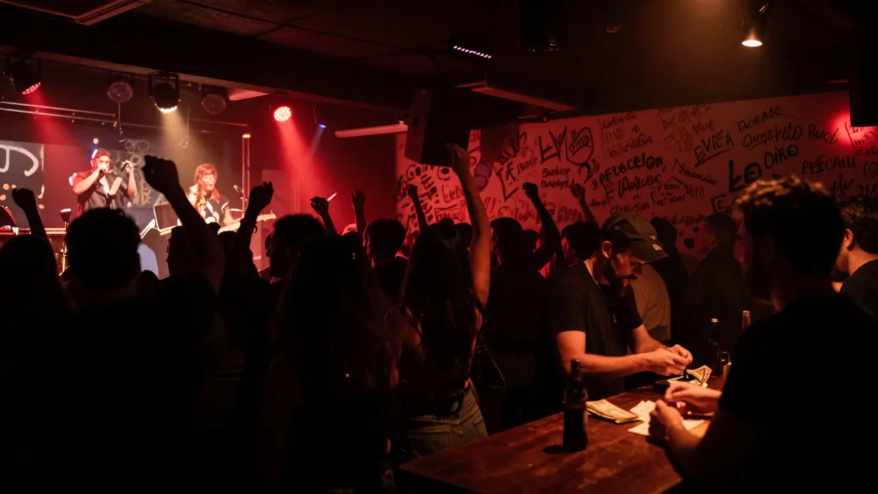Crowd united in motion at Le Bataclan, walls covered in fan art, raw and emotional night out.