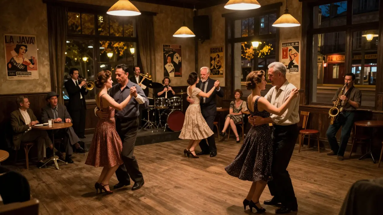 Dancers of all ages waltzing in a historic Parisian dance hall under flickering lights and live music.