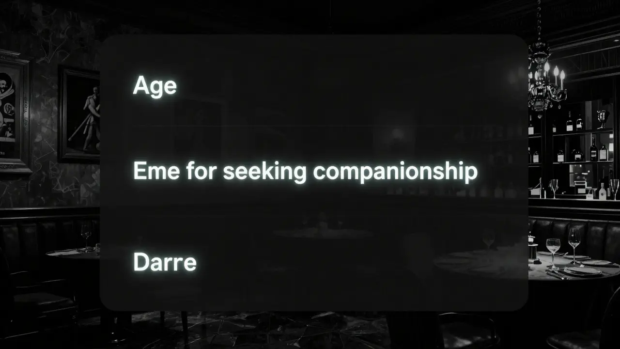 Dark digital form requesting companionship details, abstract cultural icons faintly visible in background.