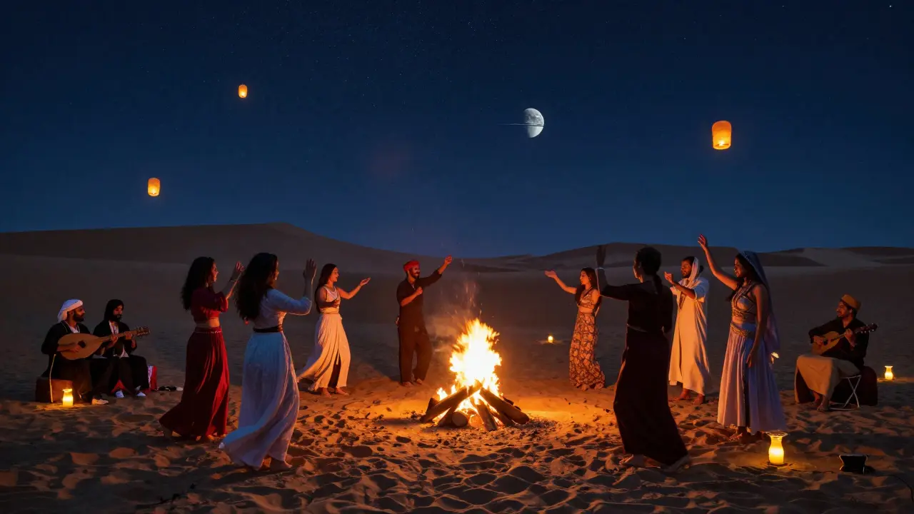 Desert night party under stars with bonfire, dancers, and traditional musicians.