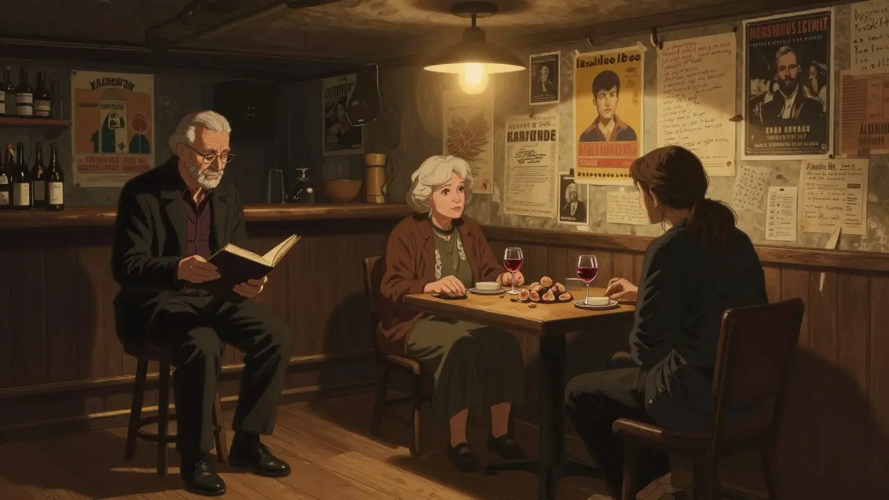 Dim basement bar in Kadıköy where a poet reads to a mixed-age crowd over rakı.