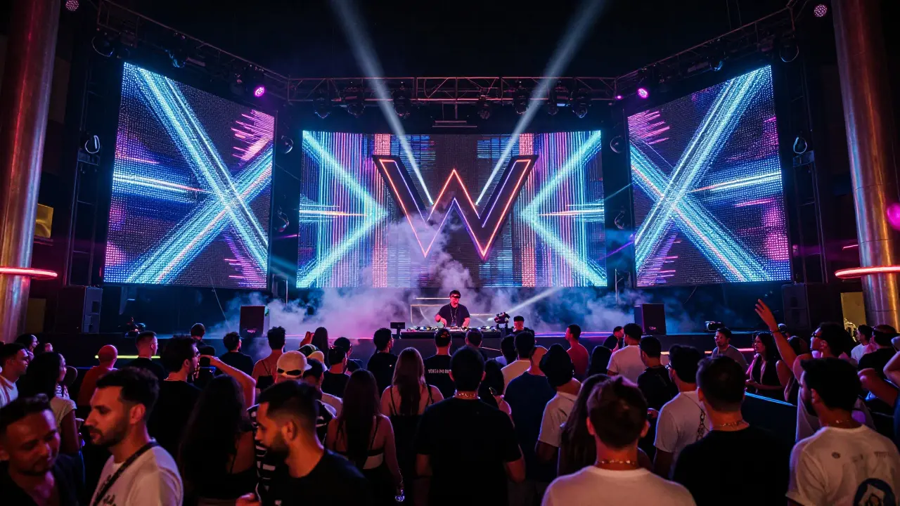 Electric nightclub interior with neon lights and a massive LED wall syncing to music on a packed dance floor.