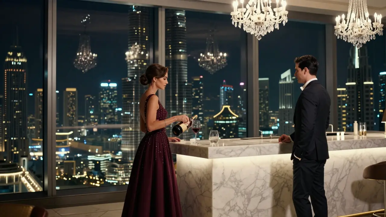 Elegant penthouse suite in Burj Khalifa with floor-to-ceiling skyline views and a woman in designer dress pouring wine.