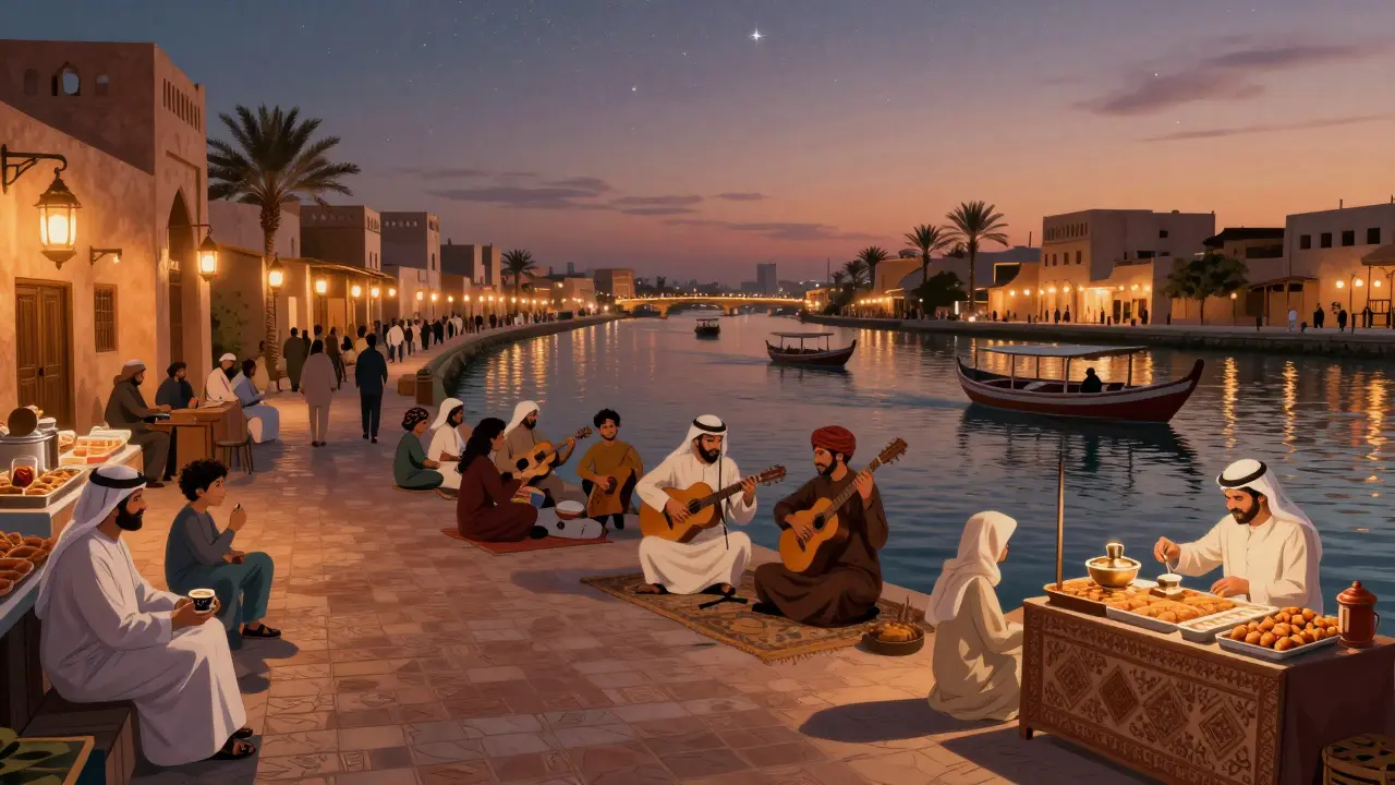 Families strolling along a lantern-lit canal with live music and food vendors at night.