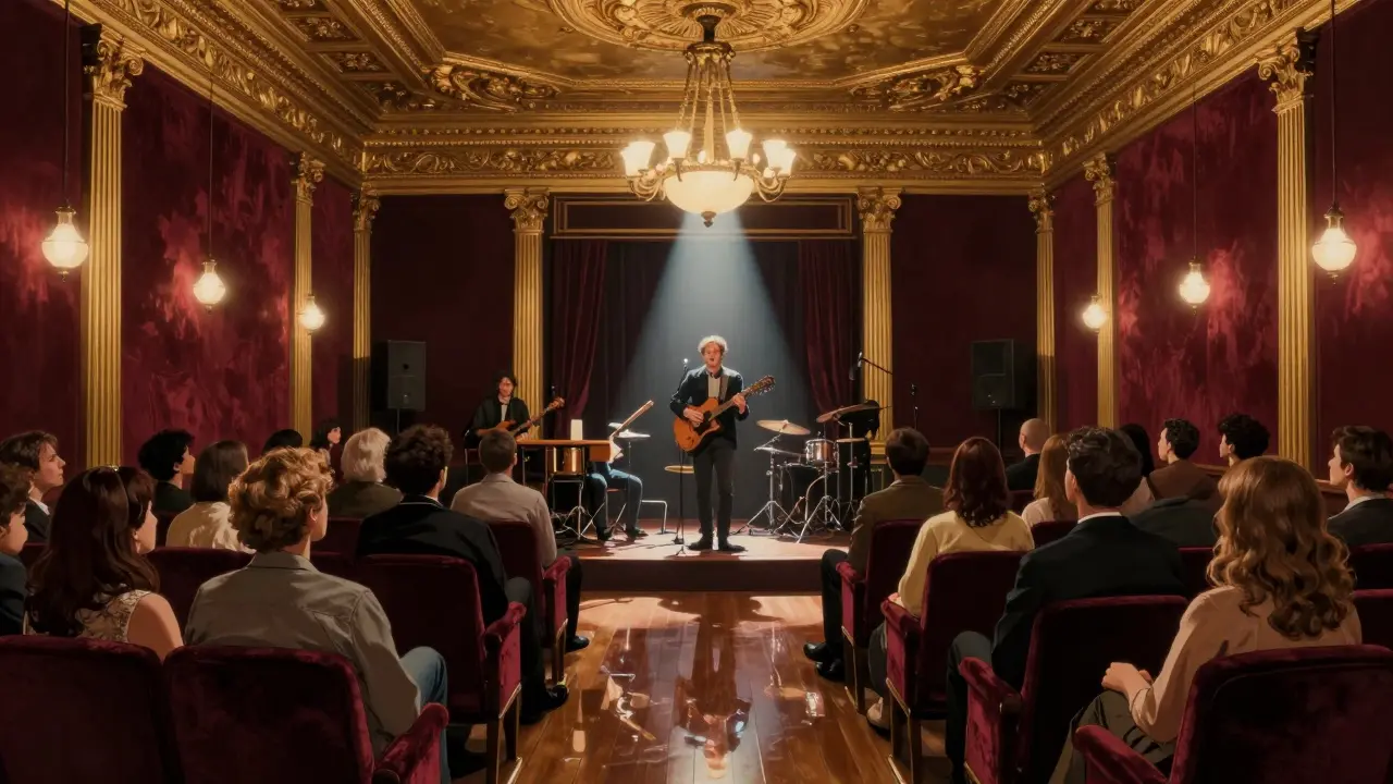 Gilded concert hall filled with a diverse crowd enjoying an indie band under vintage lighting.